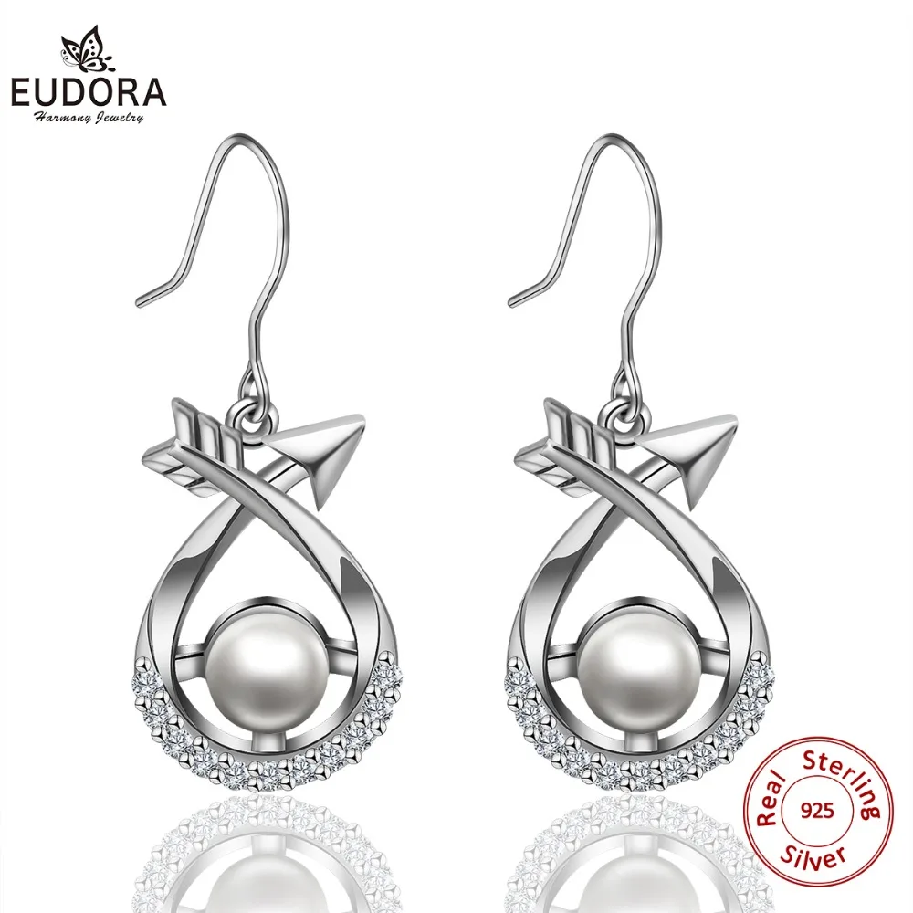 

EUDORA Real Genuine 925 Sterling Silver Arrow CZ Earrings Elegant Pearl Drop Earrings for Women girl Fine Jewelry Gift Bijoux