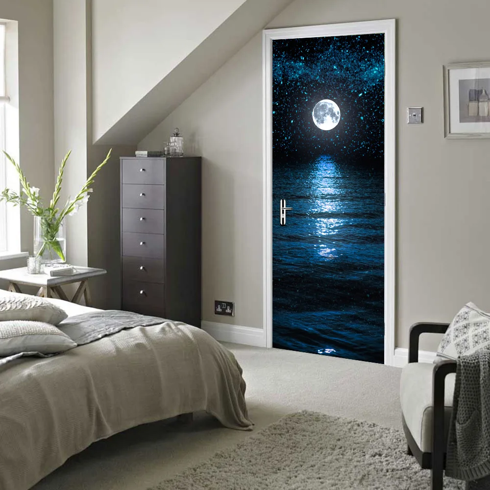 

Waterproof 3D Door Decor Sticker For Bedroom Living Room Night Sea Moon Modern Decal Self-adhesive Wallpaper Renew Door Mural