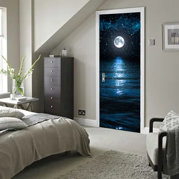 

Waterproof 3D Door Decor Sticker For Bedroom Living Room Night Sea Moon Modern Decal Self-adhesive Wallpaper Renew Door Mural