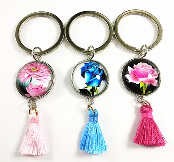 

Jiangzimei 24pcs tasseled key chains with 20mm red pink blue rose lotus flower glass Cabochon Bohemian key buckle key ring
