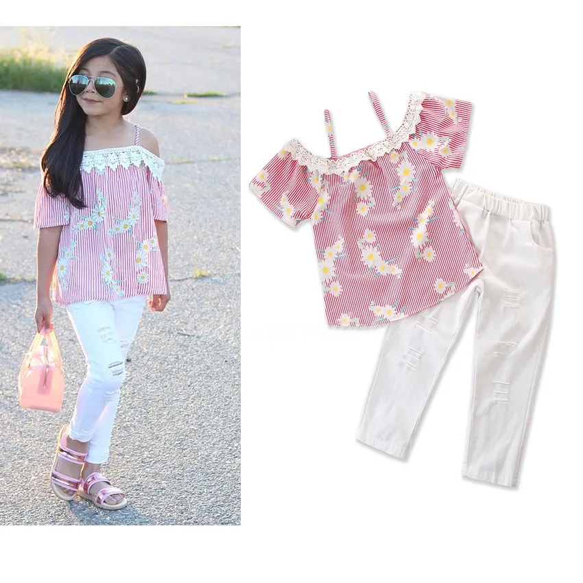 Girls Clothes Set Kids Fashion Floral Top White Pant Two Piece Children