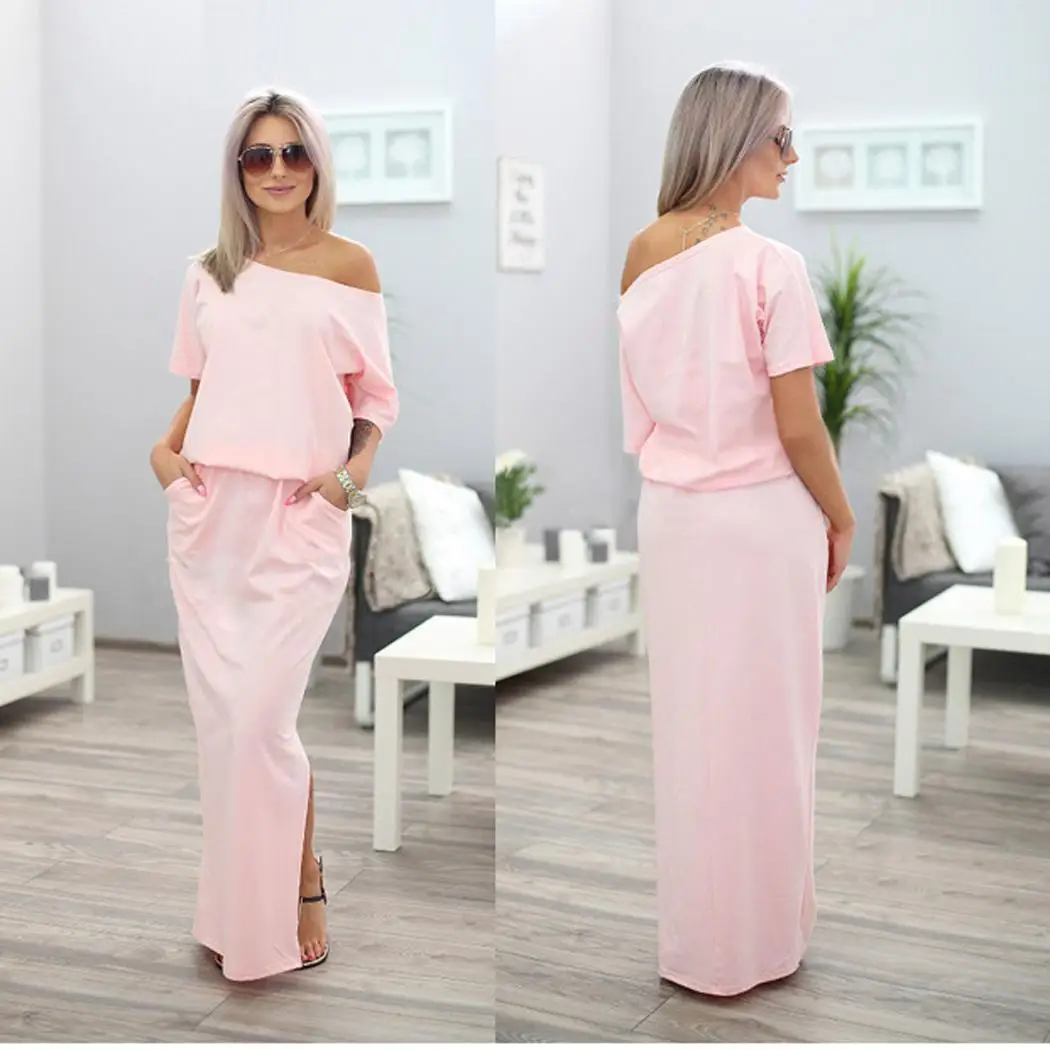 light pink Женское Повседневное платье на одно плечо средней длины с длинным рукавом, однотонное летнее Свободное платье с разрезом по бокам и карманами - Цвет: light pink
