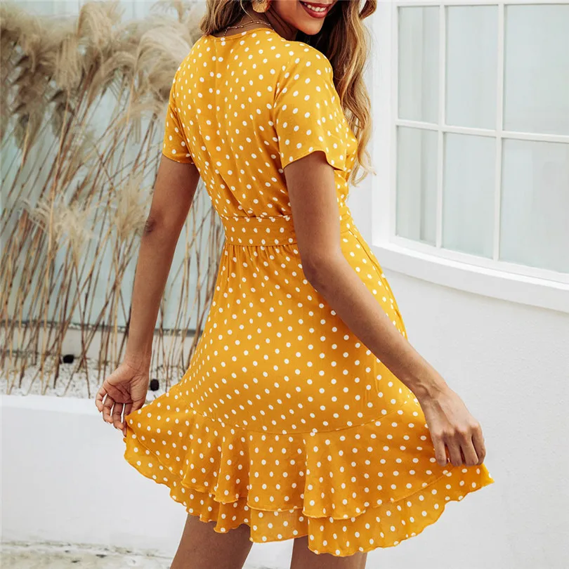 New Women Fashion Summer Casual Daily Loose Dot Printing Short Sleeve Sexy V Neck Mini Dress Evening Party Dress #4A24 (27)