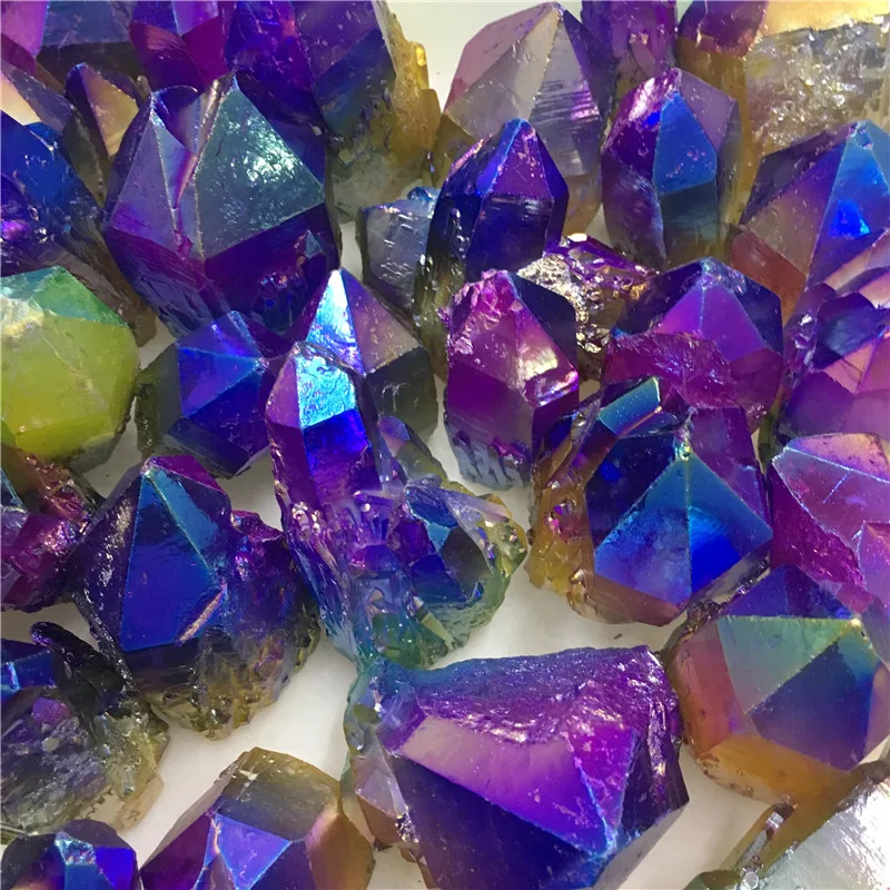 Красивый Красочный Фиолетовый Желтый Синий кварцевый кристалл Aura титановый