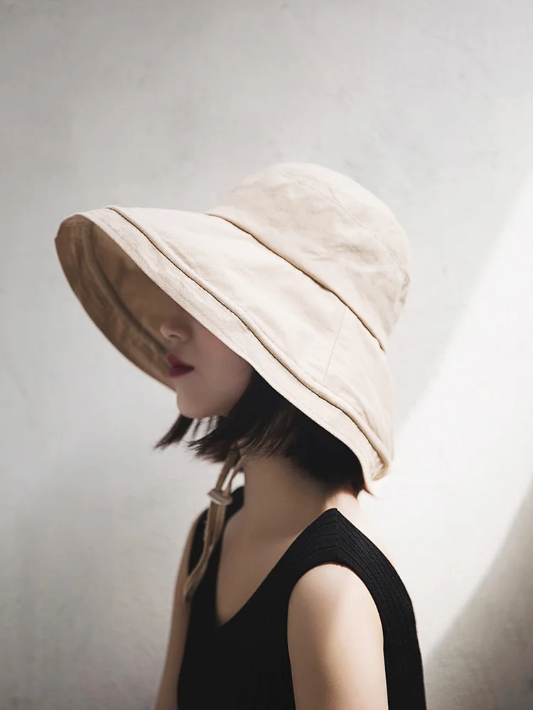 

Cover face summer big fisherman hat ladies chic all match sun protection basin cap solid for women with Wind rope