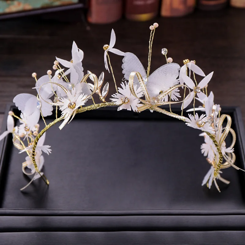 Обруч с бабочкой в Корейском стиле для невесты, ободок с сережками, комплект из ткани с жемчужинами и цветами, ободки для невесты, свадебные аксессуары
