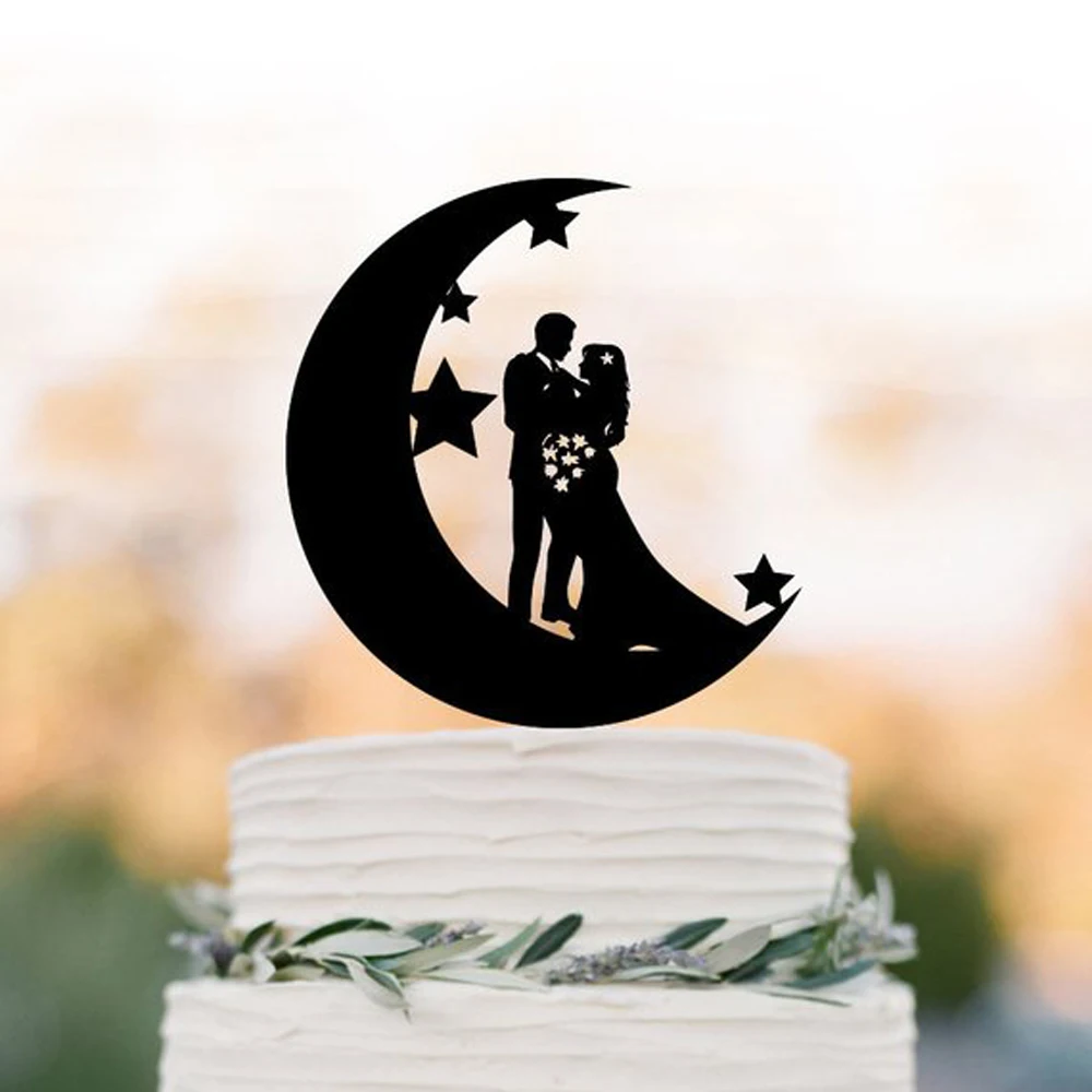 Bride and Groom Wedding Cake topper, Couple with Moon and stars silhouette , funny cake topper, unique and romantic cake topper,