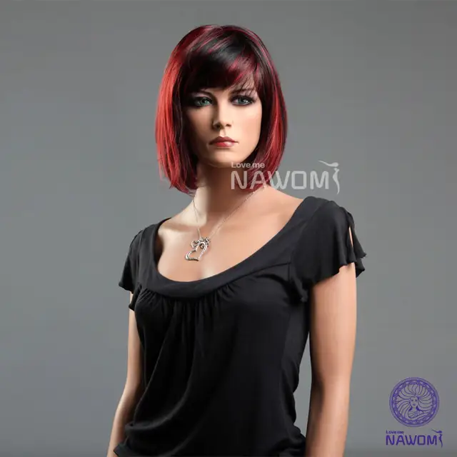 Kanekalon Side Swept Bang Black Red Neck Length Hairstyle