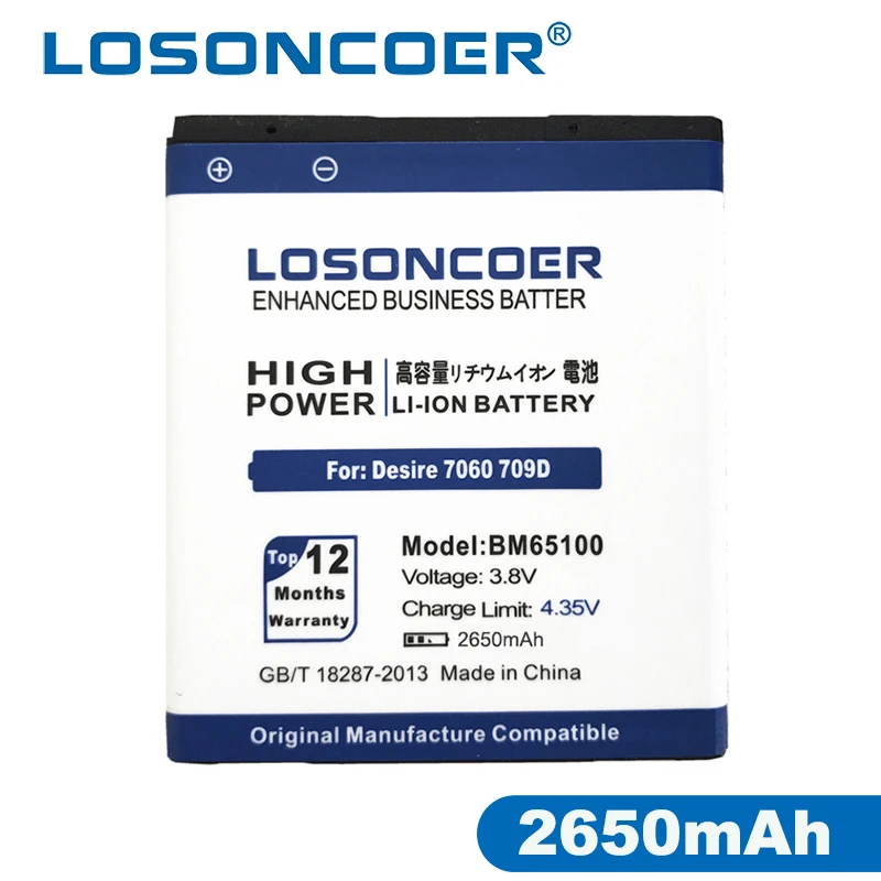 

LOSONCOER 2650mAh BM65100 Battery For HTC Desire 601 501 510 619D ZARA 700 7060 6160 7088 E1 603e battery Free shipping