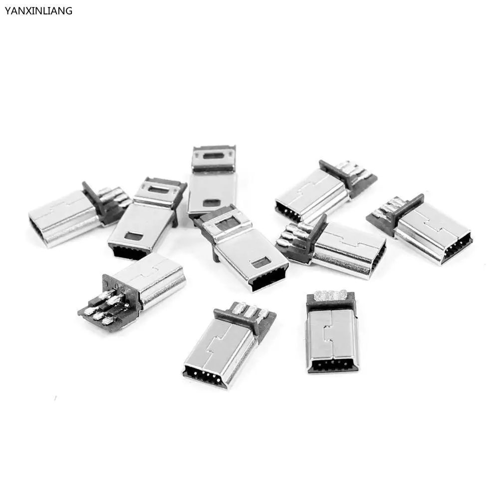 10 Pcs Mini USB 5 Pin Male Plug DIY SMT Connector Silver Tone Dark Gray