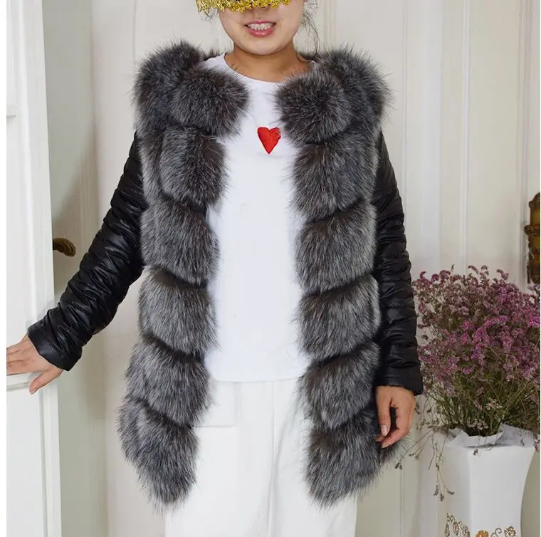 Новинка, высококачественное пальто из искусственного меха серебристой лисы, теплое зимнее пальто из искусственной кожи с рукавами, пальто из лисы, пальто больших размеров - Цвет: Silver fox