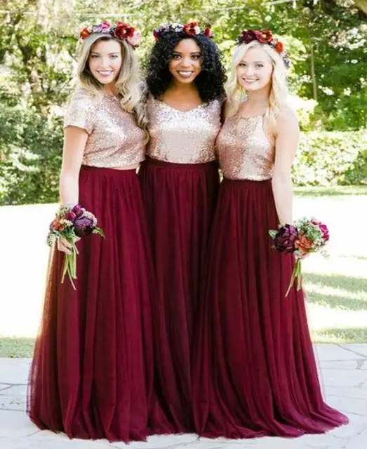 rose gold burgundy bridesmaid dresses