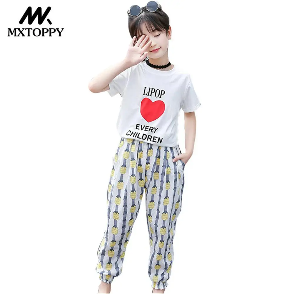 MXTOPPY Одежда для девочек 2018 Летняя мода для больших девочек Костюмы комплект футболка  Фонари Штаны Двойка спортивный костюм для девочек для детей купить на AliExpress