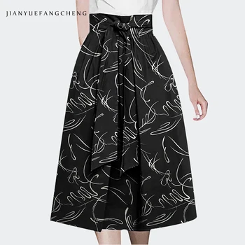 

2019 Summer Women' Pleated Tutu Skirt With Waistband Self Tie Irregular Curve Plus Size High Waist A-line Midi Skirt Jupe Femme