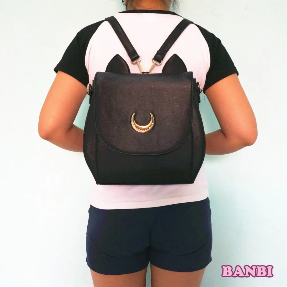 Рюкзак Sailor Moon Samantha Vega Luna черный белый с рисунком кота Луны женская кожаная