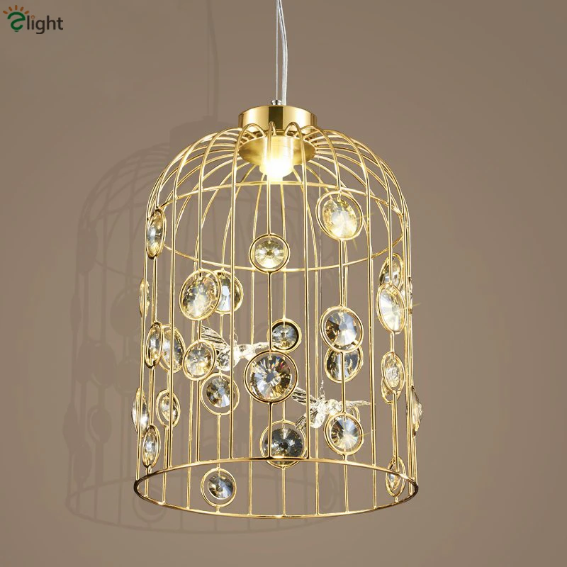 Luxury American Retro Metal Lustre Crystal Birdcage Led Pendant Lamp Creative Bar Hollow Metal Gold Chrome Hanging Lighting