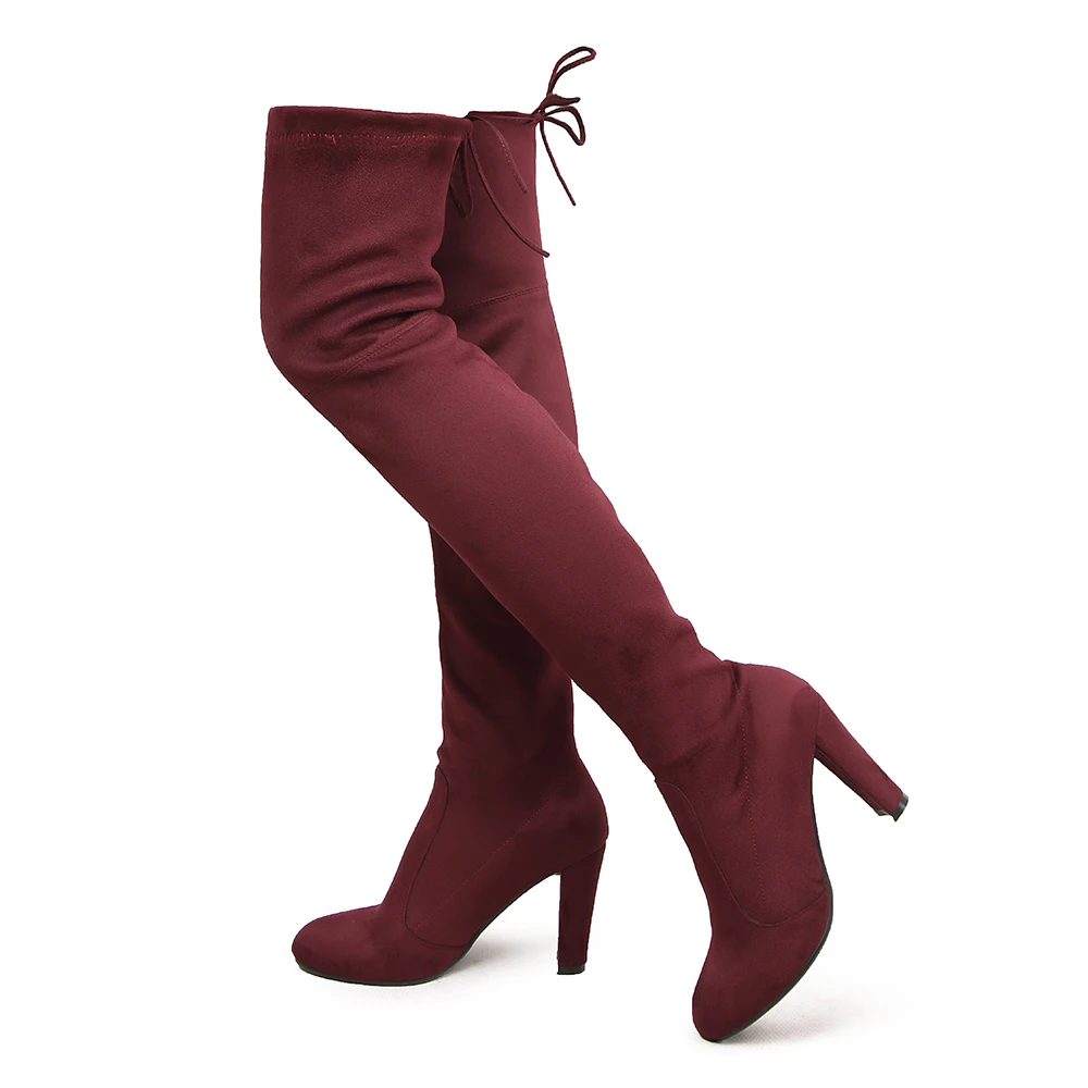 ESRFIYFE/Новинка; высокие сапоги до бедра; женские Сапоги выше колена; удобные сапоги из флока; сезон осень-зима; модная обувь; женская обувь; цвет черный, темно-серый, винный - Цвет: Бордовый