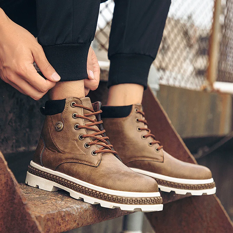  Men High Quality Leather Waterproof Hiking Shoes Outdoor Lace Up Height Increase Sneakers Hiking Sh