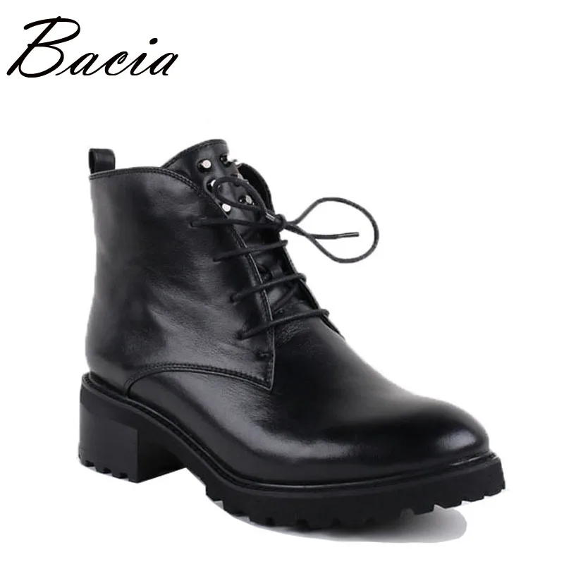 Bacia Handmade Genuine Leather Ankle Boots Women Black Zipper Round Toe Lace-Up Shoes Botas Short Plush Warm Winter Boots VB007