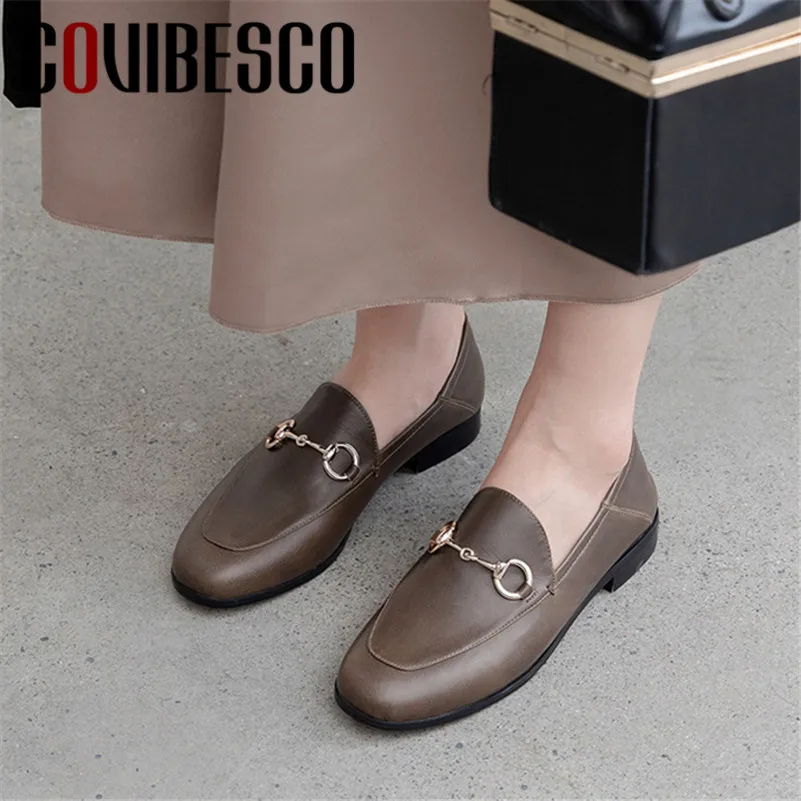 

COVIBESCO Spring Summer New Square Toe Shallow Slip on Women Pumps Genuine Leather Single Shoes Woman Party Office Basic Loafers