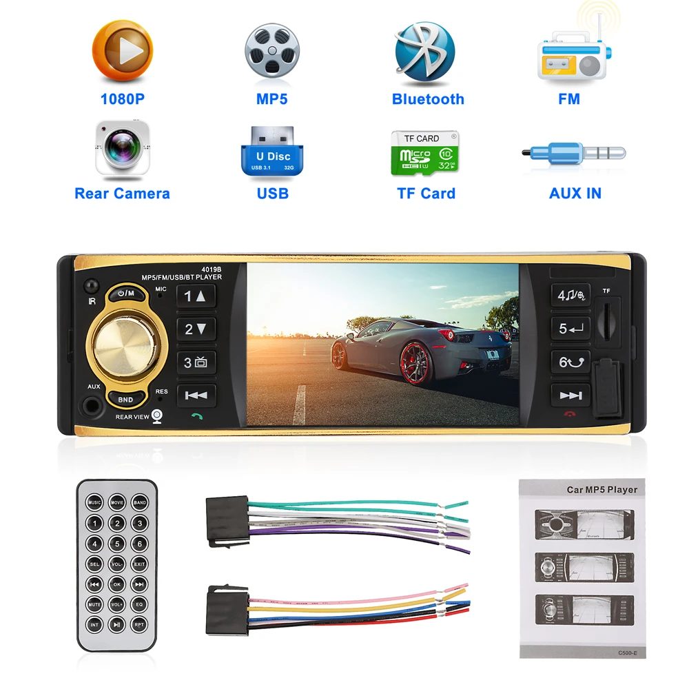 Автомагнитола 4019B 4 1 дюйма Din USB AUX FM Bluetooth с камерой заднего вида и пультом
