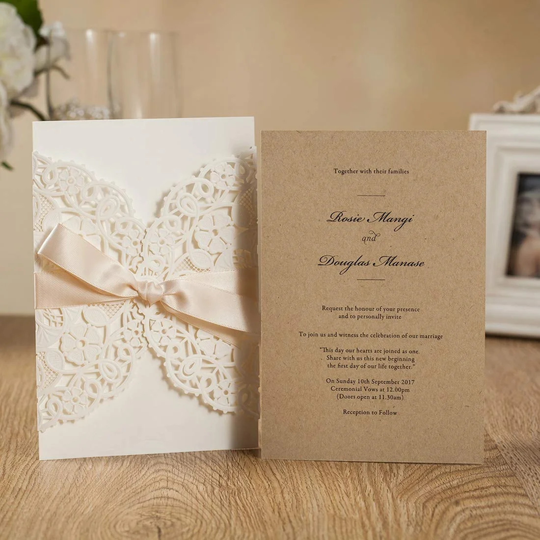 20Pcs White & Blue Elegant Laser Cut Wedding Invitations with Envelope Birthday Greeting Quinceaner - 32992059623