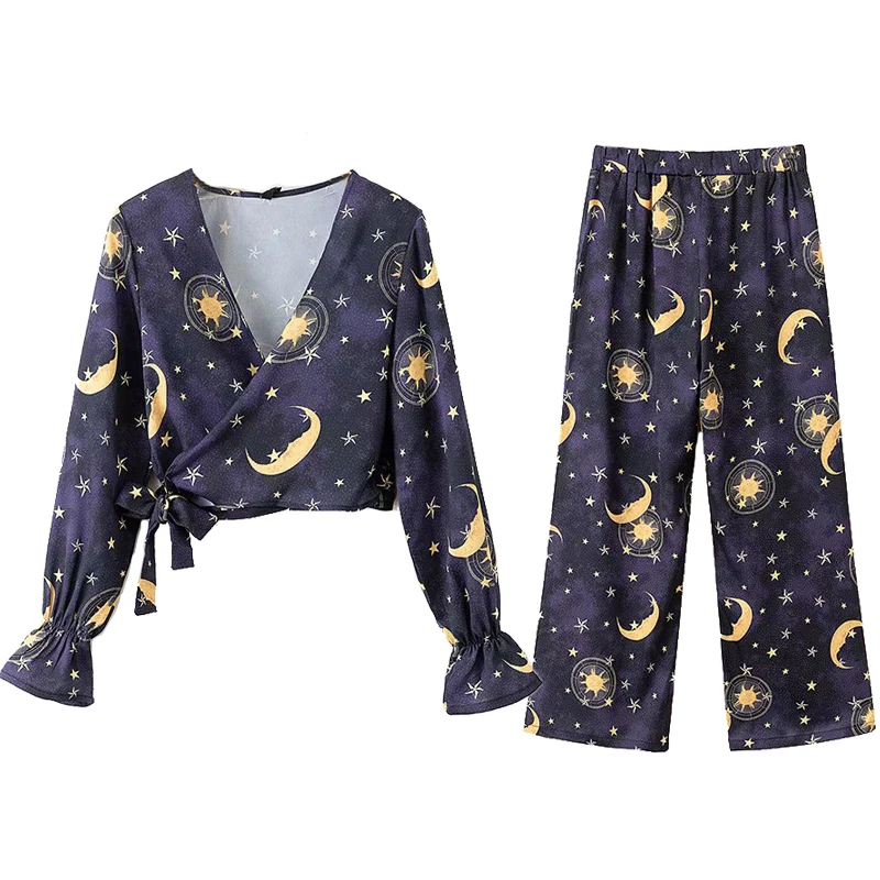 

2019 Women Moon and Stars Printing Sets High Waist Leisure Straight Pants Elastic Waist Deep V-Neck Cropped Tops Vacation Sets