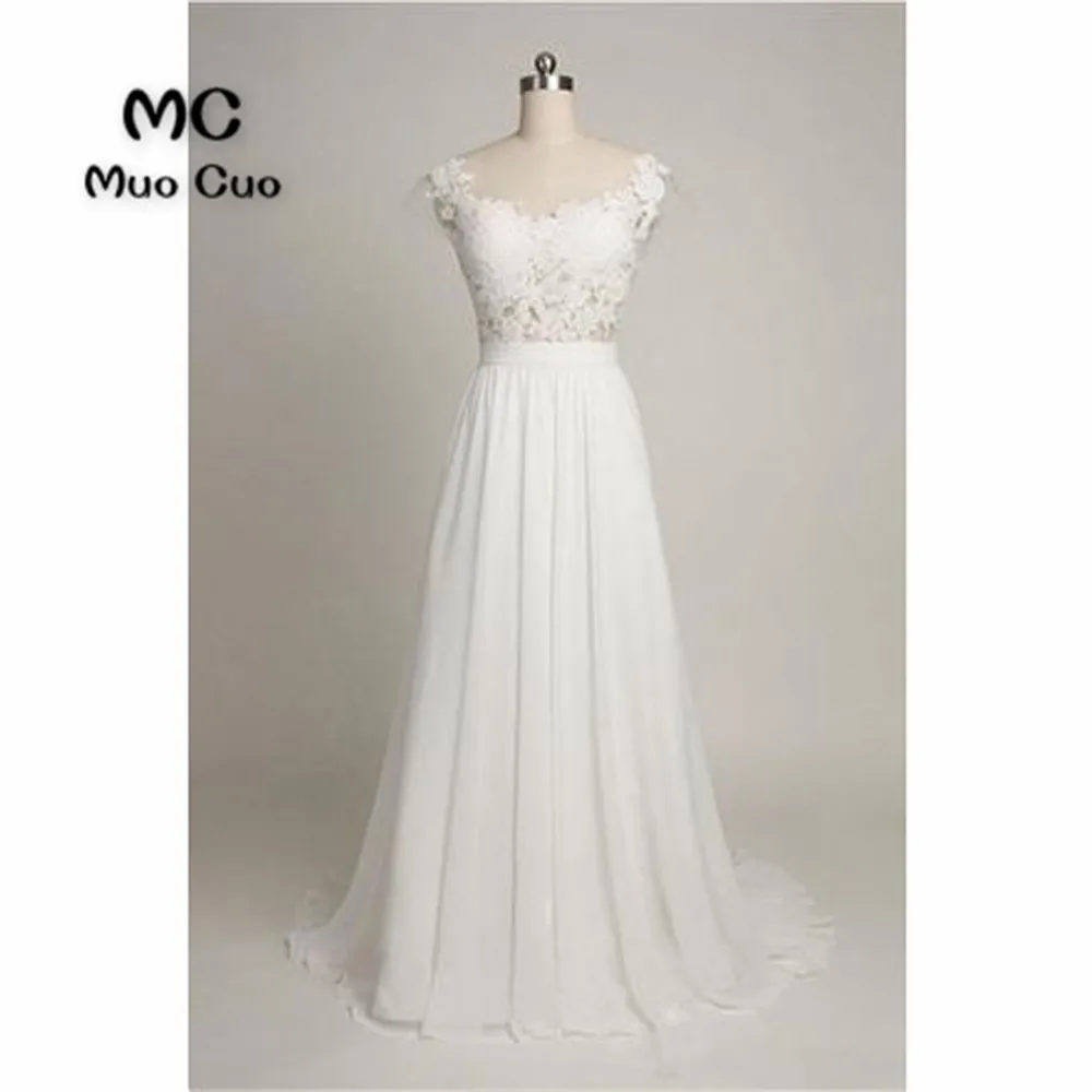 A-Line Boat Neck Cap Sleeves Sweep Train White Chiffon Wedding Dress with Laces
