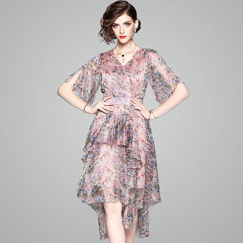 

Summer dress 2018 new arrival women's light temperament chiffon printing ruffle irregular dress 80616