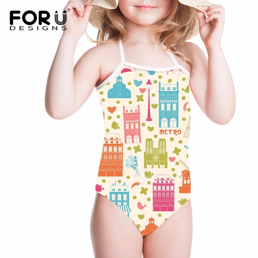 FORUDESIGNS/купальник для девочек; Детский бикини; Цельный купальник с изображением Эйфелевой башни; детский купальный костюм; купальный костюм для младенцев