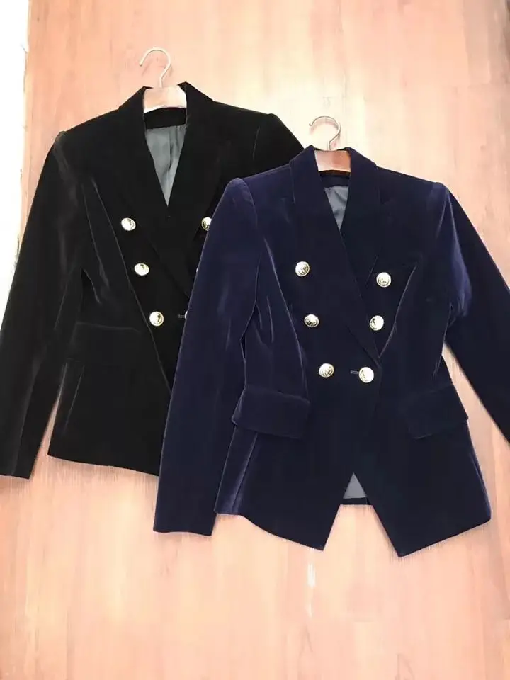 Лидер продаж, высококачественное бархатное Женское пальто, Осенние приталенные короткие куртки, женские двубортные костюмы, черный, темно-синий