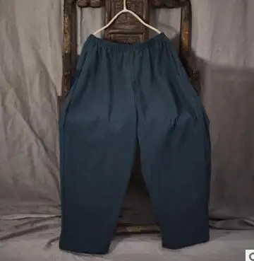 navy blue Женские брюки из хлопка и льна, новинка, весна-лето, макси,, Ретро стиль, свободные, для отдыха, эластичный пояс, шаровары, штаны YoYiKamomo - Цвет: navy blue