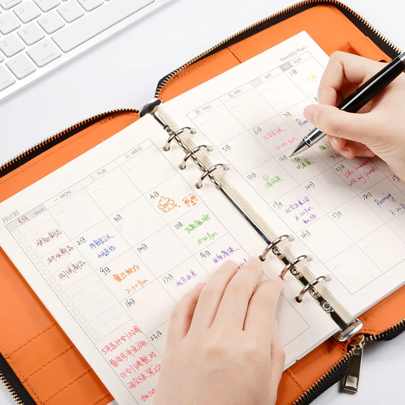 

HUA JIE A5 Zipper Spiral Agenda Planner Ring Binder Notebooks Leather PU Vintage Notepad Folder Name Card Holder Line Memo Books