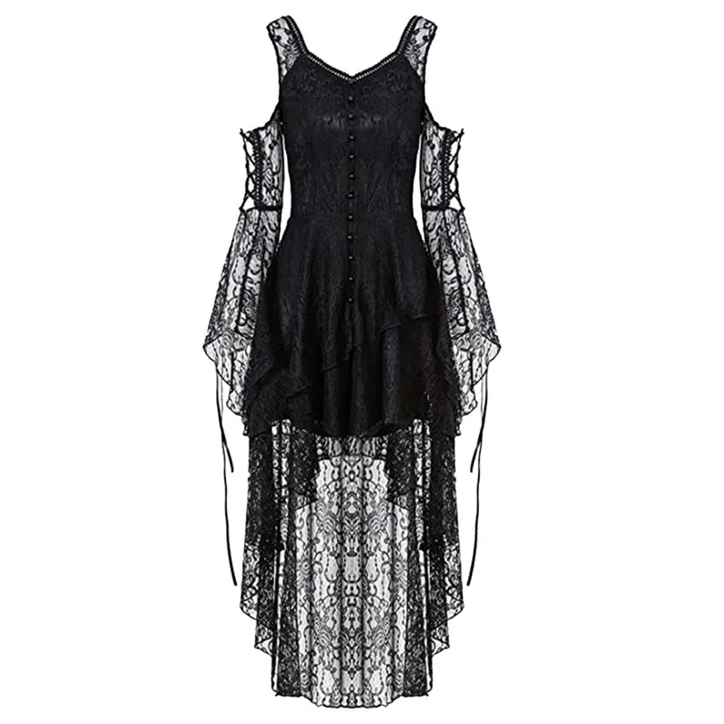 Dark In Love Dress Women Gothic Punk Wind Dress Party Long Ruffle Sleeves Off Shoulder Lace Dress Plus Size Robe Femme 40JUN2801