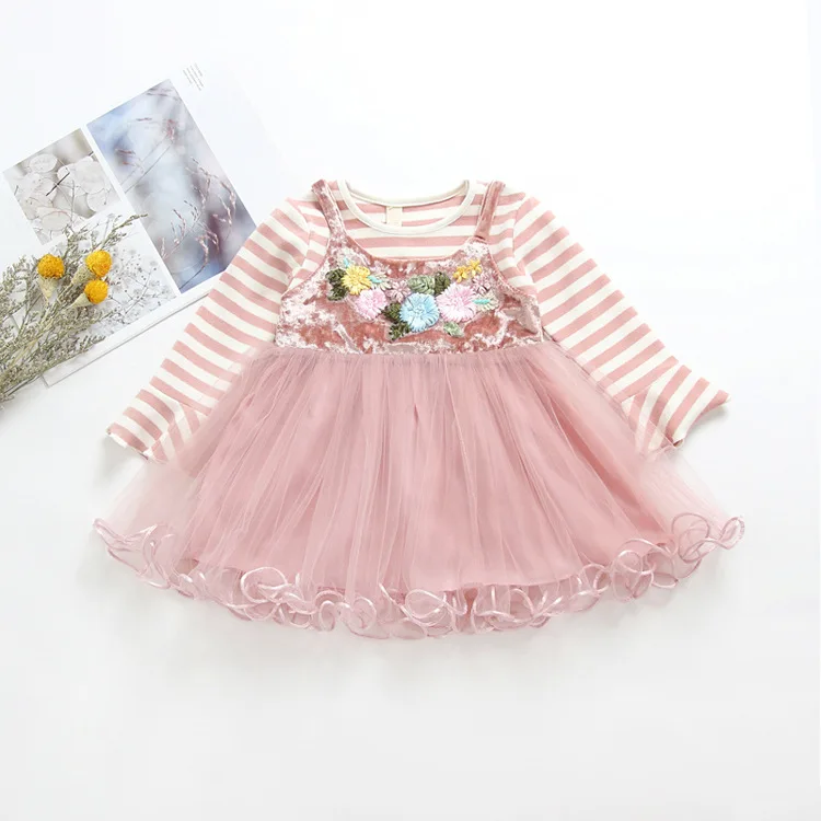 Демисезонный маленьких поддельные два полосатый цветок принцесса Платье для малышей для маленьких девочек осеннее платье Одежда для