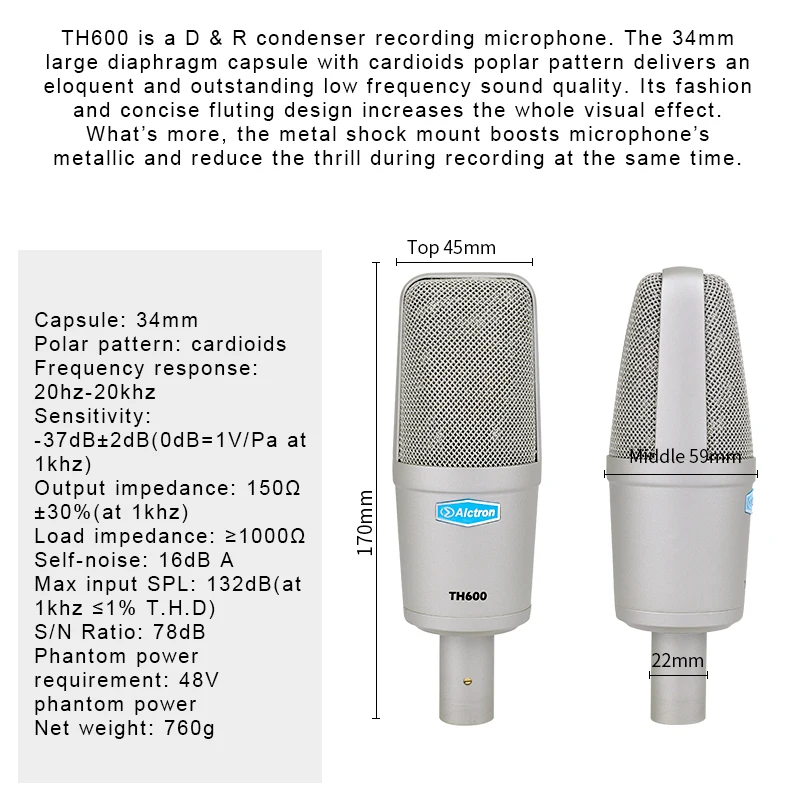 Alctron TH600 большой мембранный конденсаторный записывающий микрофон для вокала, звукоснимателя инструментов, прямой трансляции, студии и сцены