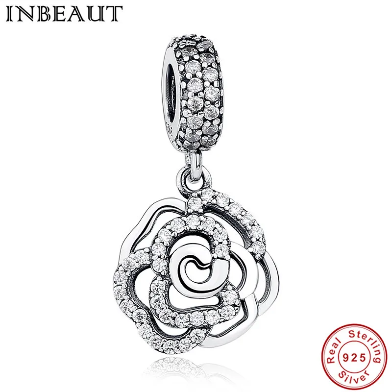 

INBEAUT 925 Sterling Silver Rose Zircon Pendant for Female Necklace Chain Jewelry Flower Shaped Charm fit Pandora Bracelet Girls
