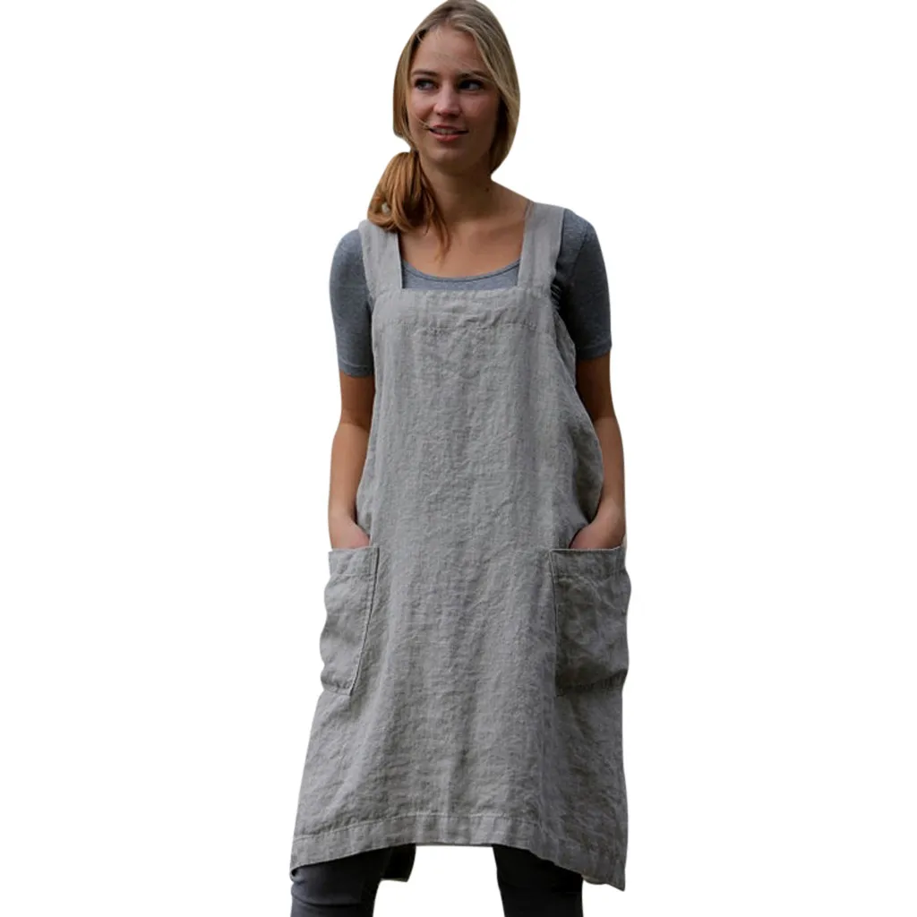 Women Dress Cotton Linen Loose Knee Length clothing girl Pinafore ...