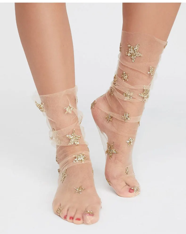 Модные женские сетчатые носки Harajuku, блестящие носки со звездами, женские прозрачные сетчатые носки в сеточку, чулочно-носочные изделия