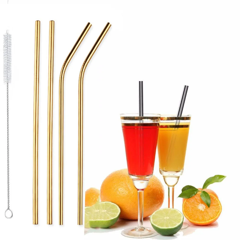 

Reusable Stainless Steel Straws Eco Friendly Metal Drinking Straws Long gold Bent Straight Straw Set Bar Cocktail