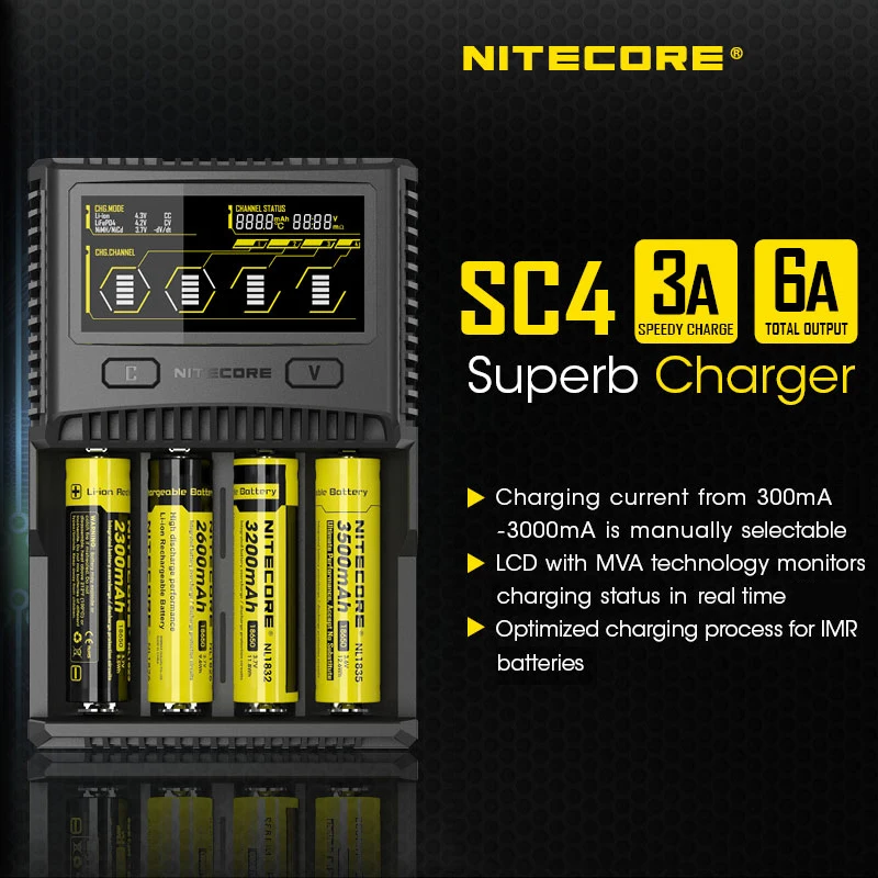 NITECORE SC4 интеллектуальное зарядное устройство для быстрой зарядки превосходное зарядное устройство с 4 слотами 6A общий выход совместимый IMR 18650 14450 16340 AA аккумулятор