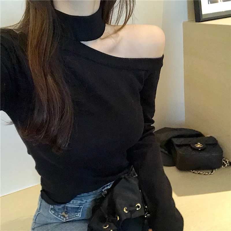 Little Sexy Off One Shoulder Tight Knit Women Slim Versatile Bare Bottom Sweater | Женская одежда