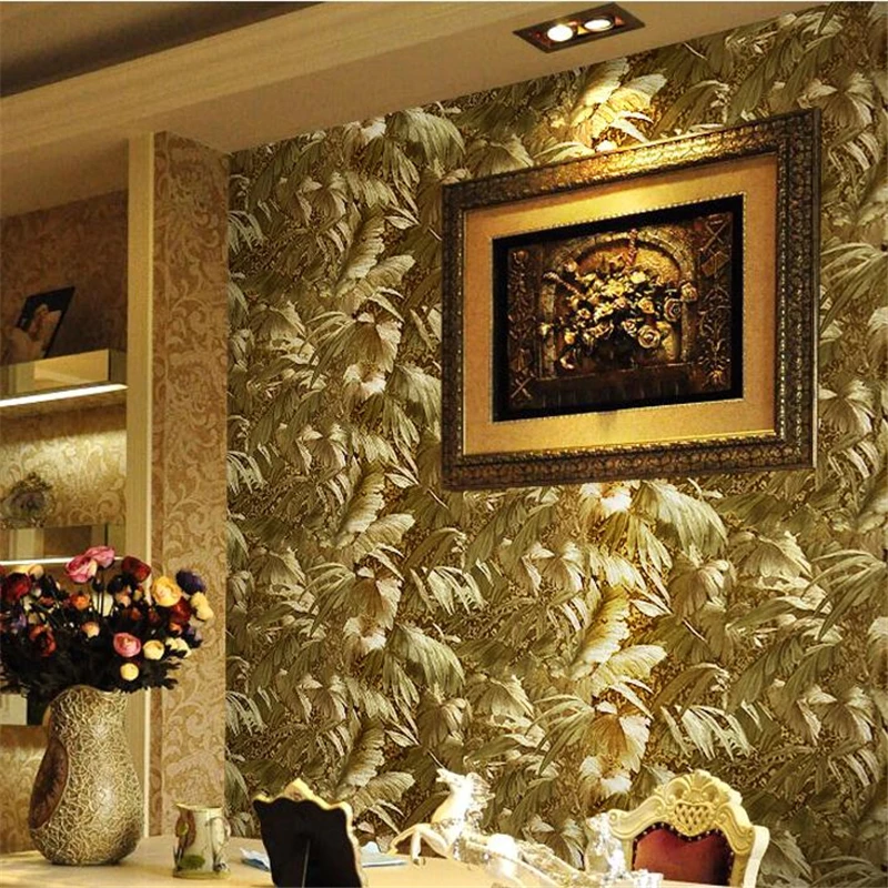 

beibehang European bright gold metal reflective plant wallpaper living room luxury TV bedside background wallpaper gold foil KTV
