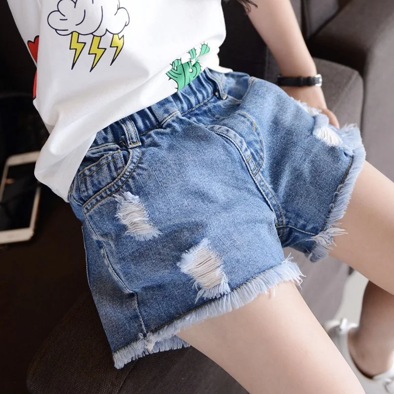 

Girl summer shorts demin thin short pants elastic waist short trousers girl hole jeans fit for height 100 to 160 cm girl shorts