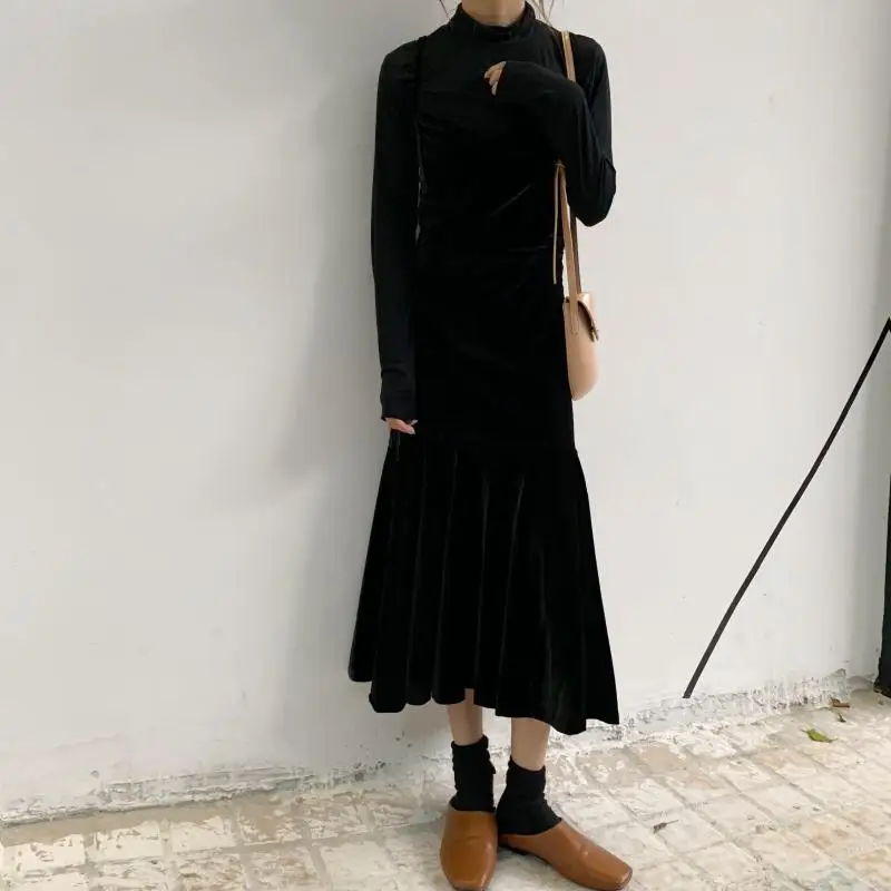 Женское осеннее бархатное длинное платье на лямках с оборками Vestidos облегающий покрой «рыбий хвост» Сарафан платье Femme Vetement