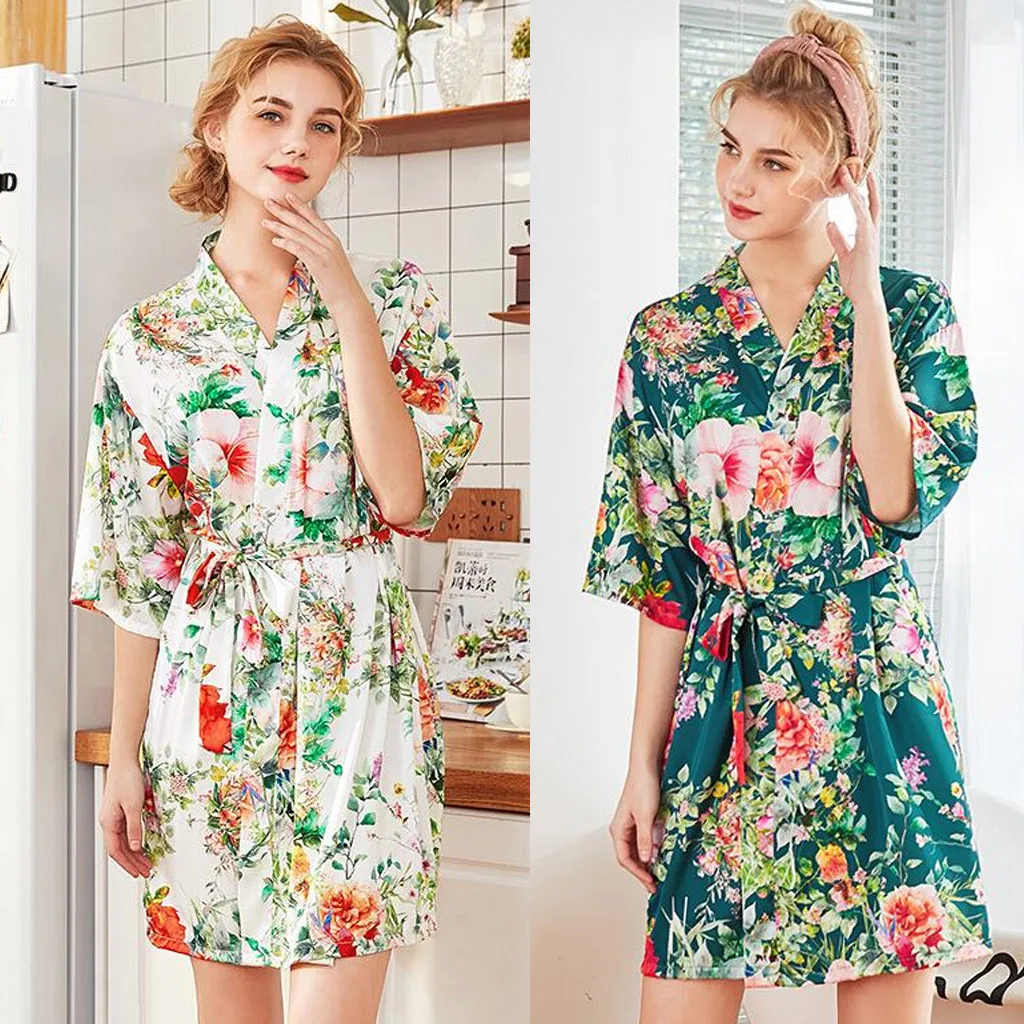 

2019 Women BathRobe Spring Summer Bride Night Robe Silk Ladies Bride Dressing Plus Size Wimen Sleep Beach Spa Night Half Sleeve