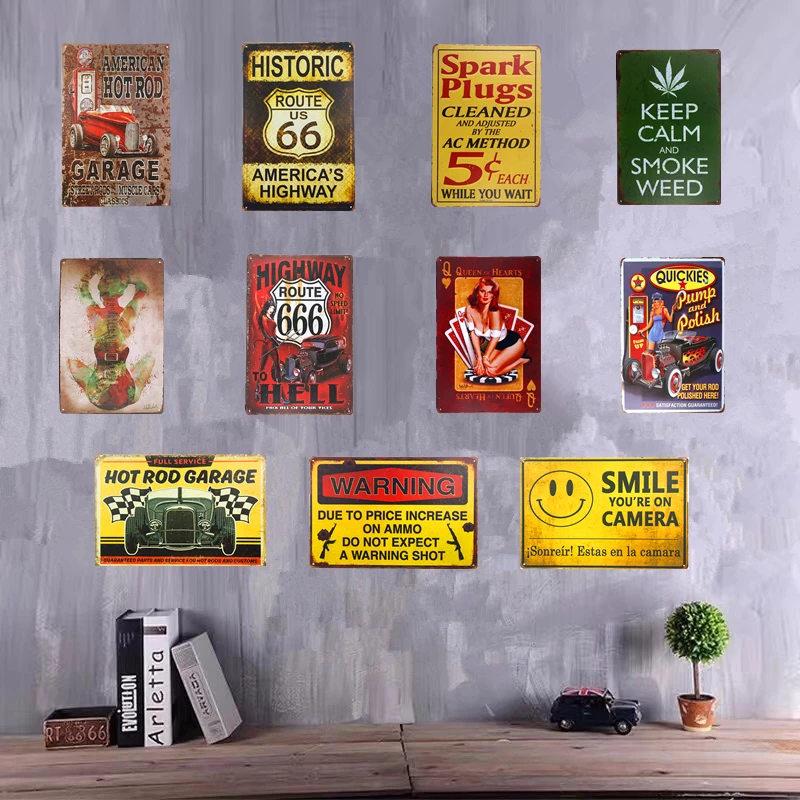 Retro Shabby chic Tin sign Man cave Rules Route 66 Pin up Garage Pub Cafe Wall Stickers Decor