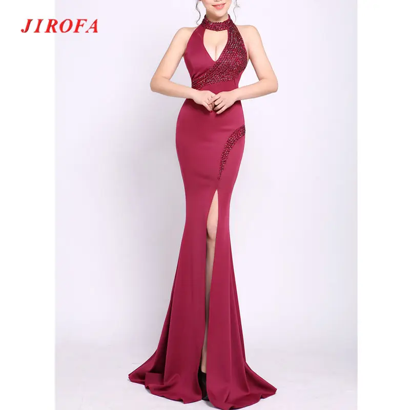 JIROFA Vestidos Verano, вечернее платье, труба, бисер, бодикон, Холтер, v-образный вырез, длинное, макси, сексуальное платье, вечерние, для ночного клуба, женское платье