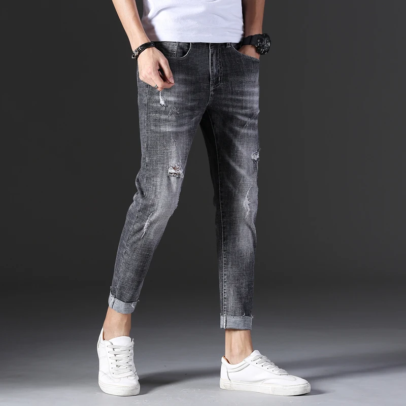 2019 джинсы для мужчин обтягивающие стрейч укороченные брюки до щиколотки серые модные с разрезами качественные брендовые выдалбливают