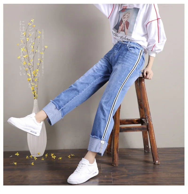 2019 модные джинсы для женщин женские с высокой талией повседневное Винтаж новые свободные манжеты джинсовые синий ботильоны длина широкие